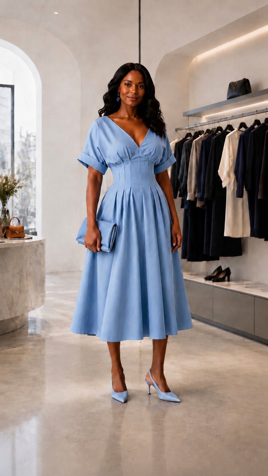 V-Neck Midi Dress Light Blue