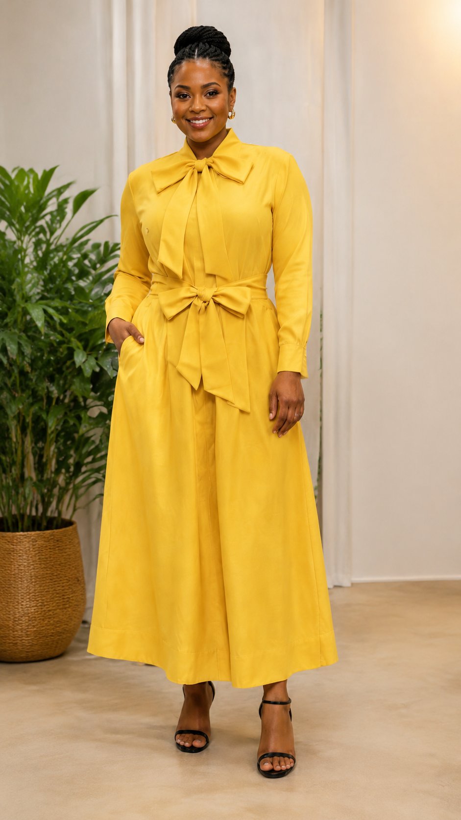 Long Sleeve Bow Dress Mustard