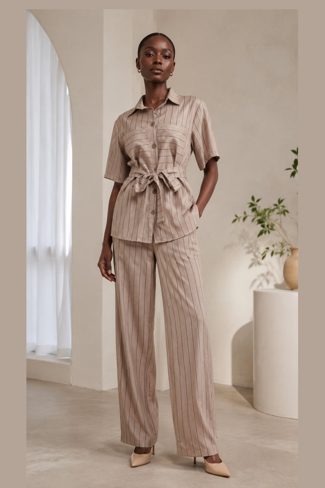 Beige Pinstripe Tie-Waist Shirt & Pants Set