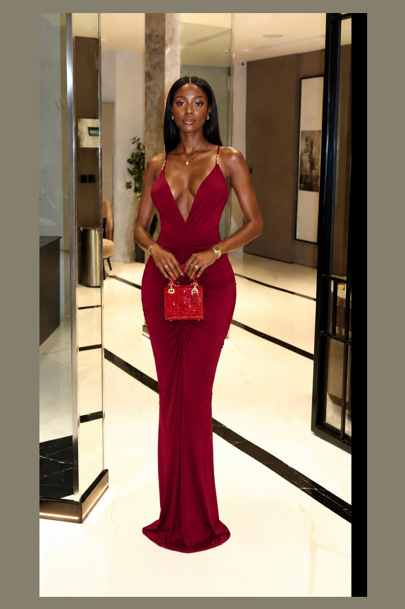 Deep V-Neck Ruched Bodycon Maxi Dress Red