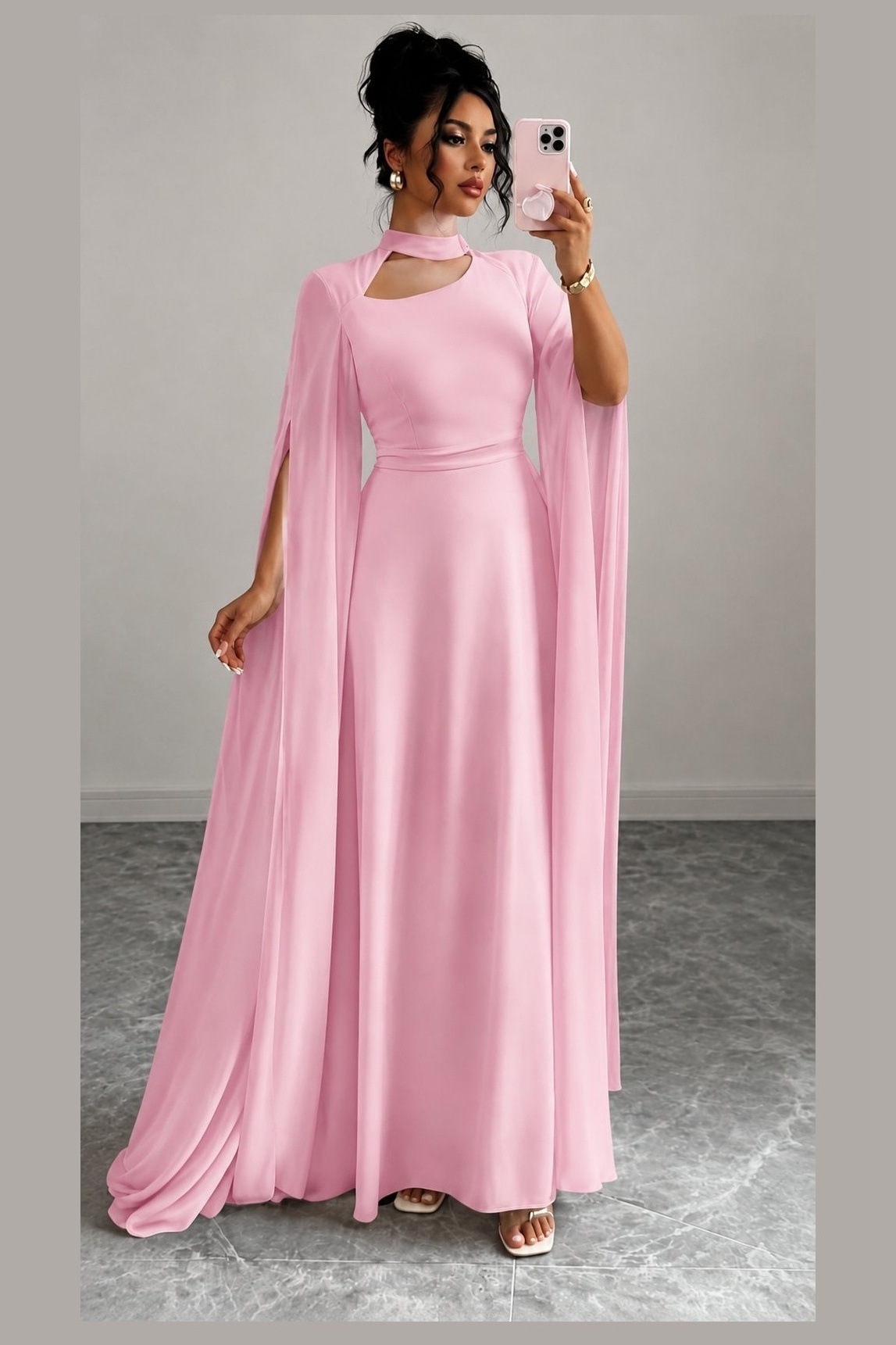 High Neck Cutout Cape Sleeve Maxi Dress Pink