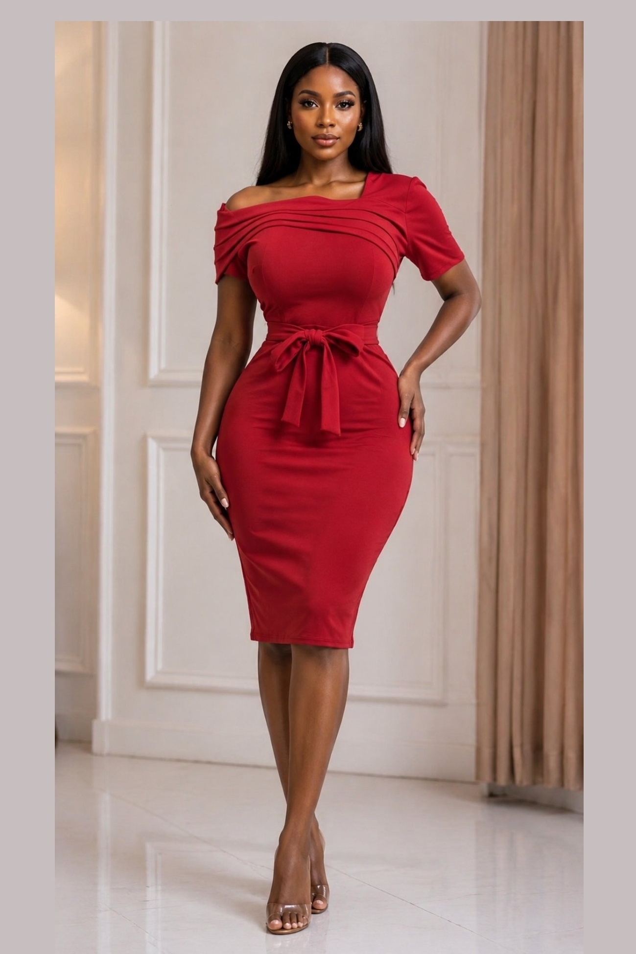 Off-Shoulder Bow-Waist Pencil Dress Red