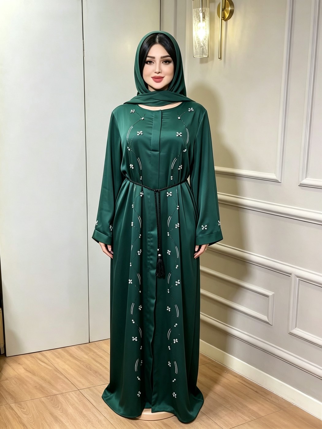 Emerald Satin Pearl-Embroidered Abaya — Essty Garment