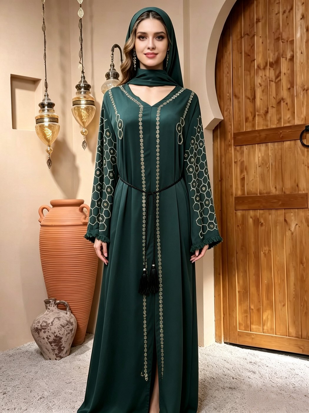 Emerald Beaded Honeycomb-Sleeve Abaya