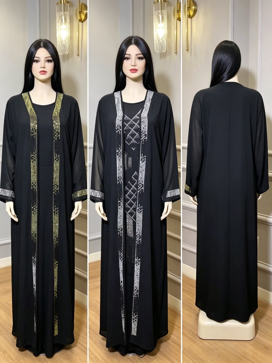 Black Open-Front Embellished Abaya