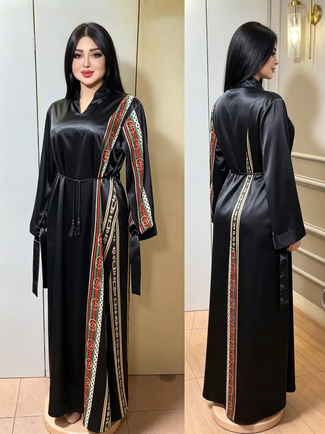 Black Satin Ethnic-Trim Abaya