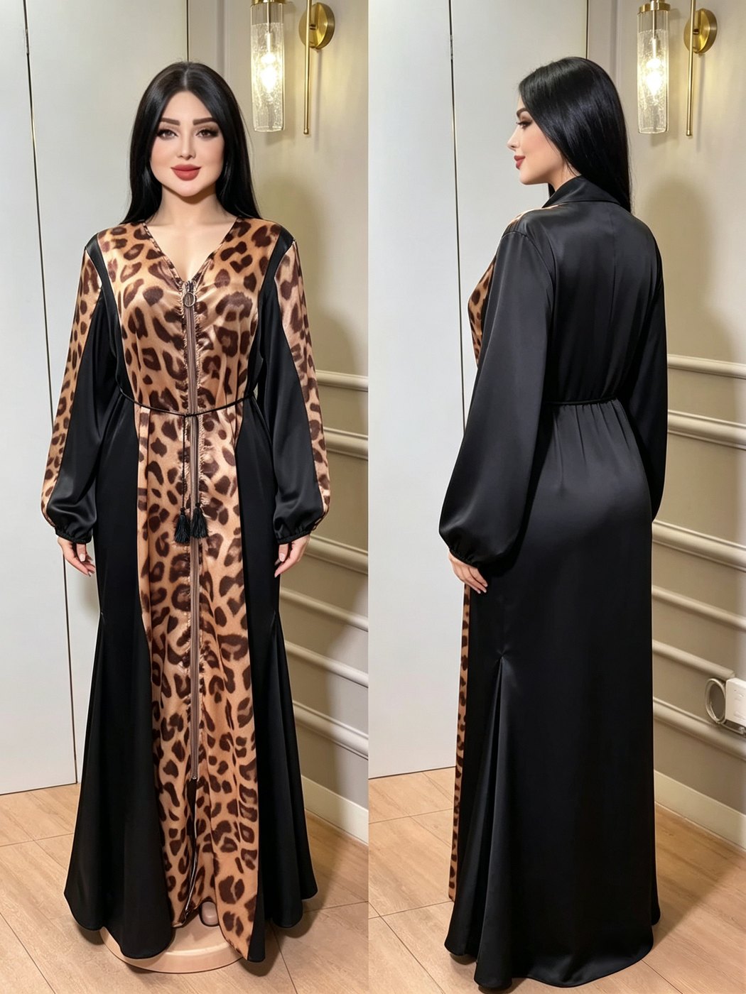 Black Satin Leopard-Panel Zip Abaya