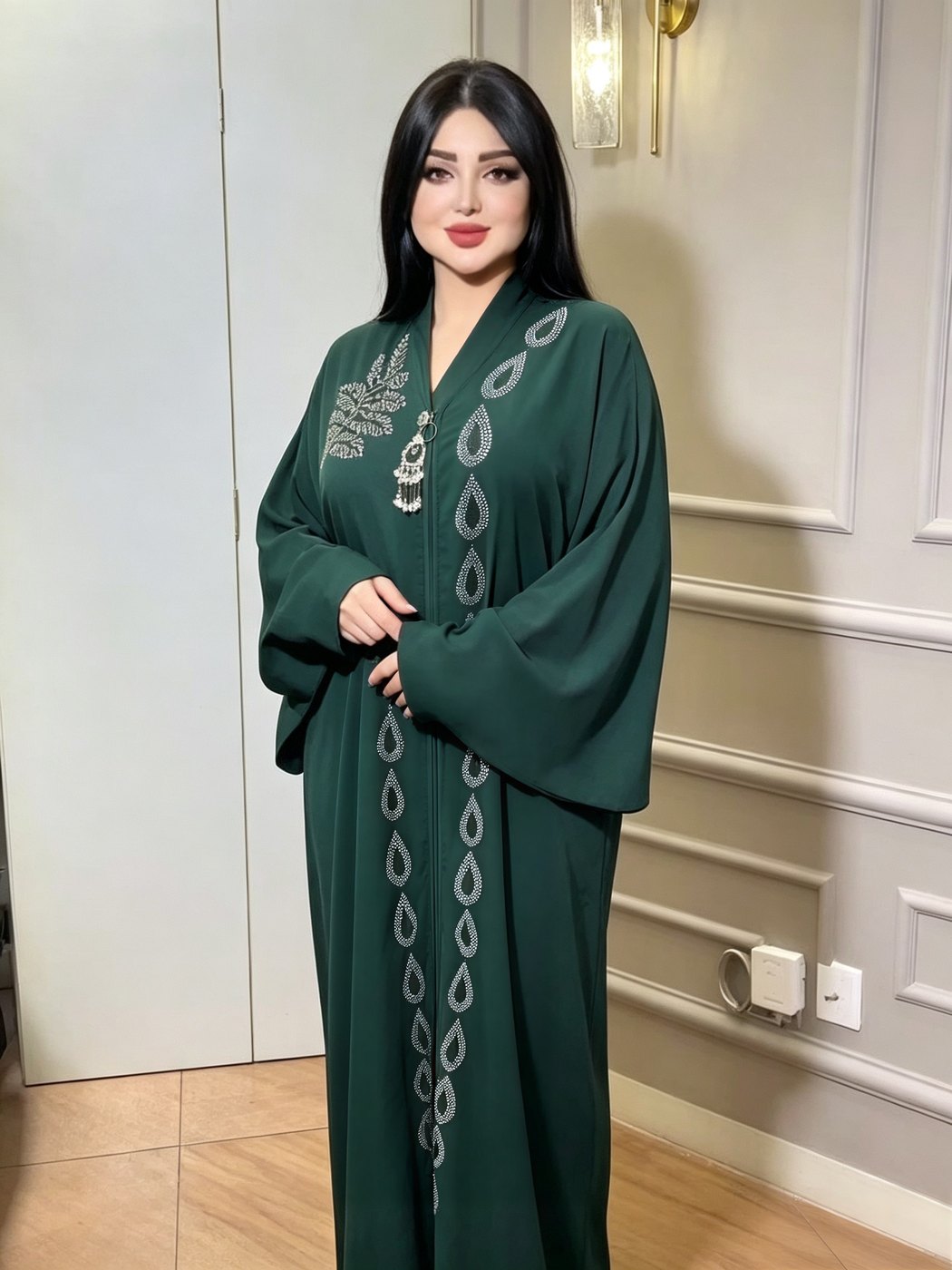 Emerald Crystal Leaf-Embroidered Abaya