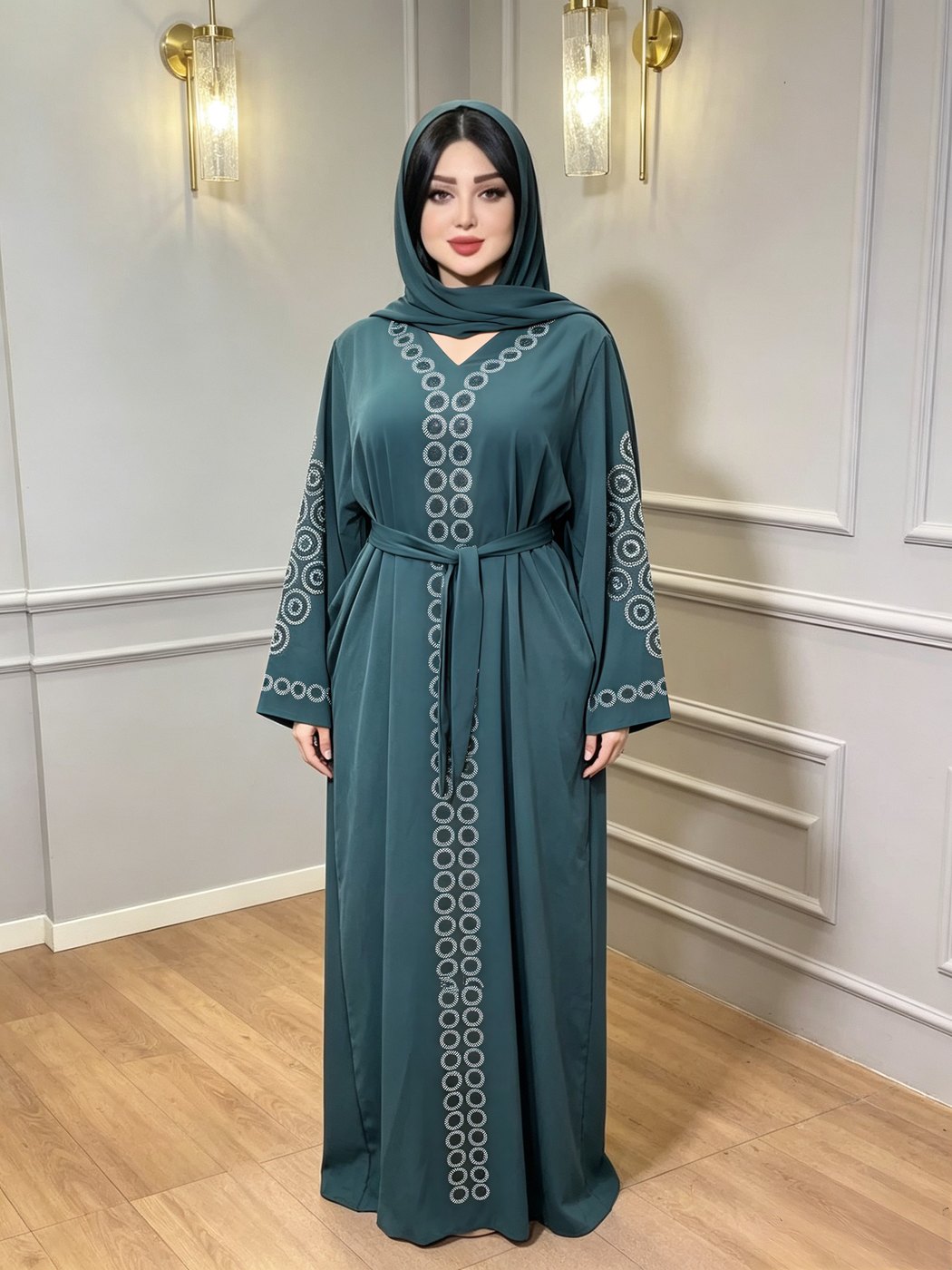 Teal Satin Mirror-Ring Embroidered Abaya