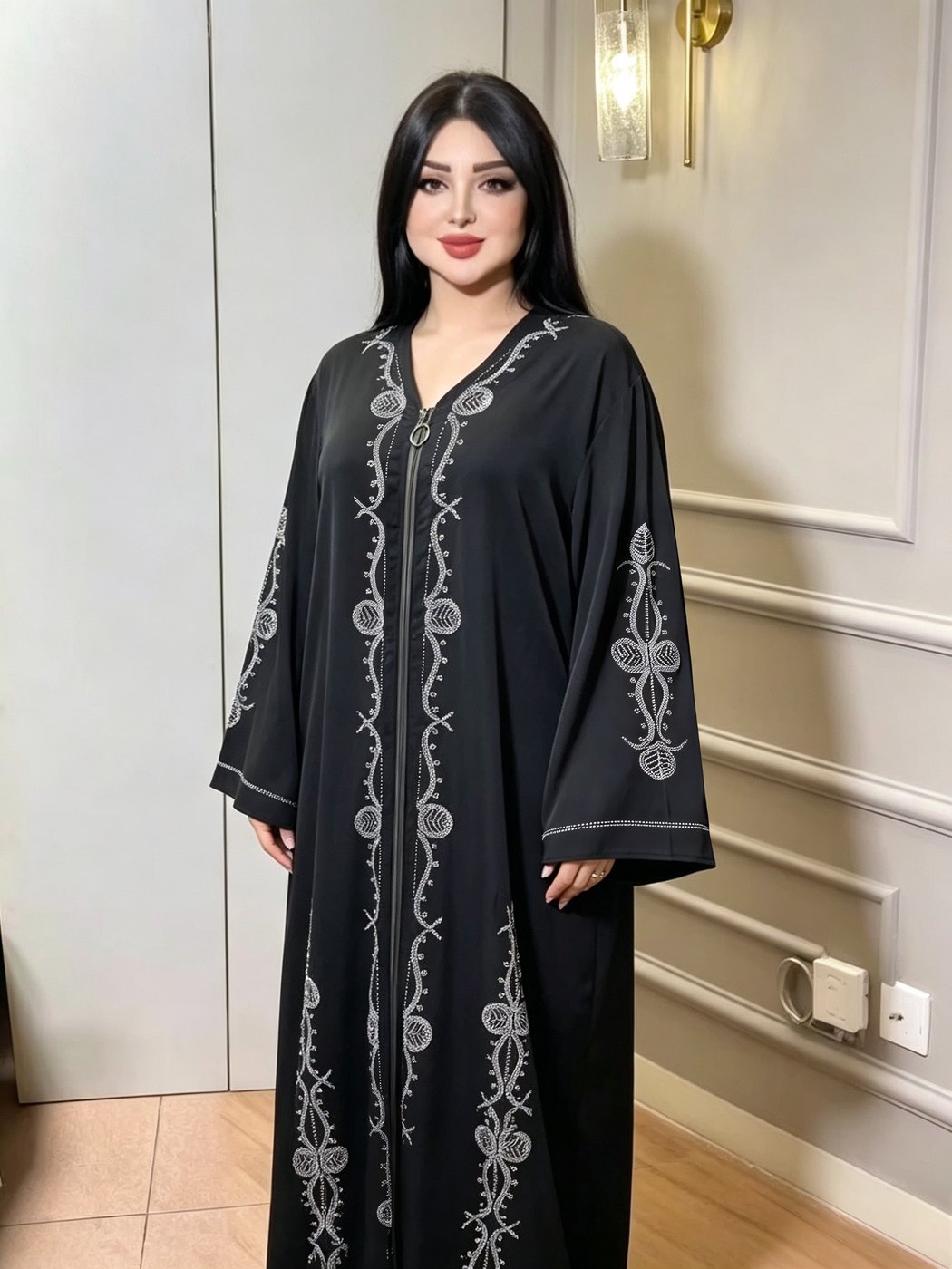 Black Silver Vine-Embroidered Abaya