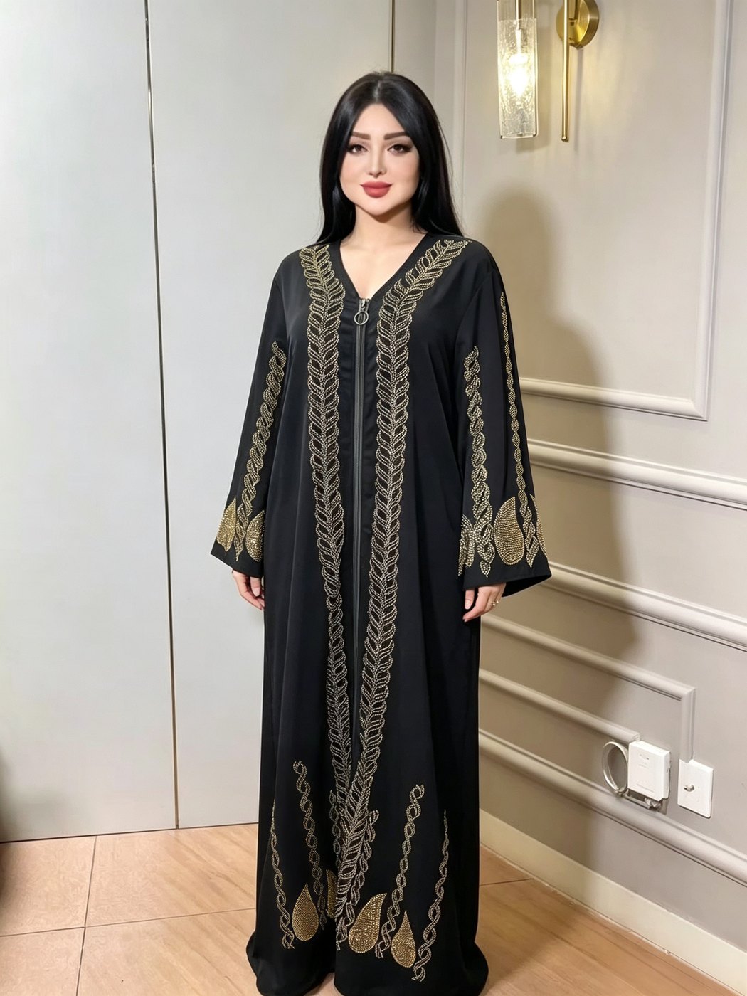 Black Gold Leaf-Border Abaya