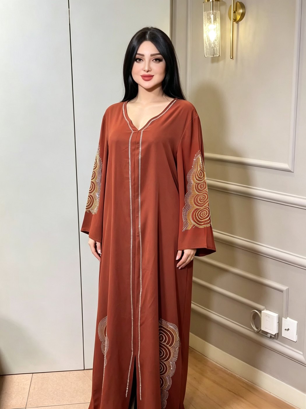 Rust Gold Spiral-Embroidered Kaftan