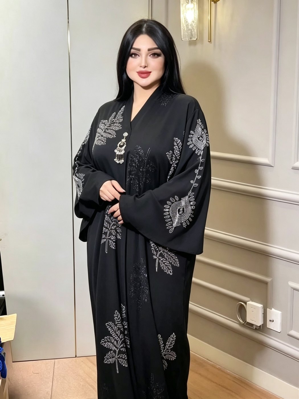 Black Silver Feather-Embroidered Abaya