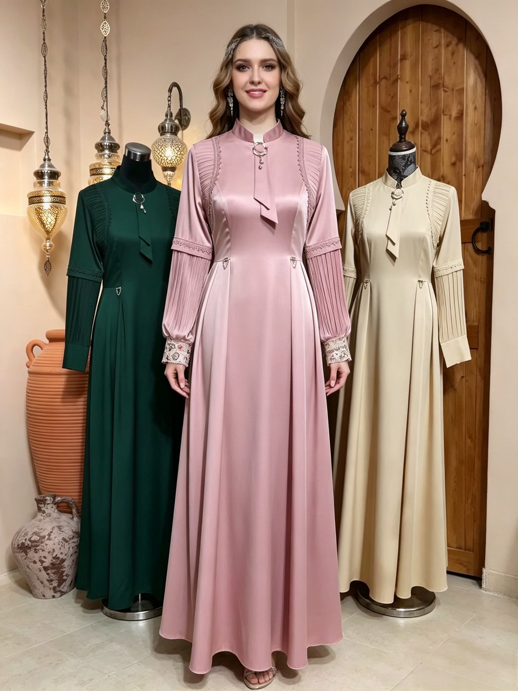 Pleated-Sleeve Ornament-Collar Maxi Dress