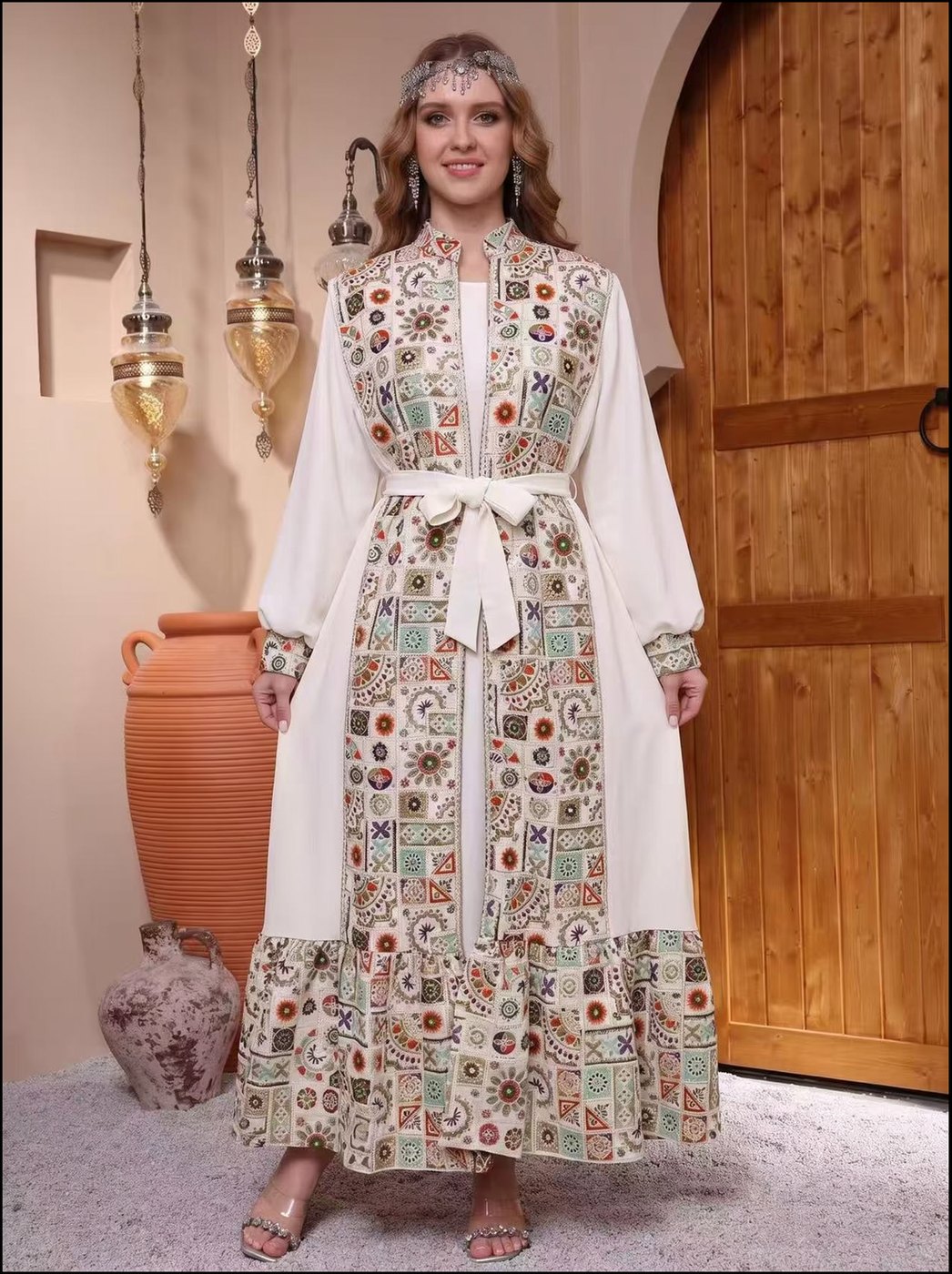 Ivory Boho Folk-Print Kaftan