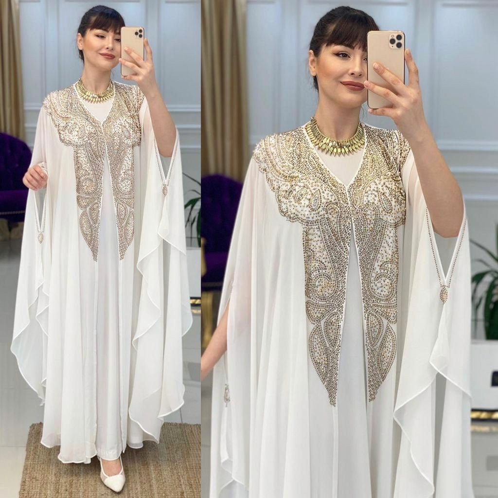 White Chiffon Gold-Beaded Butterfly Kaftan