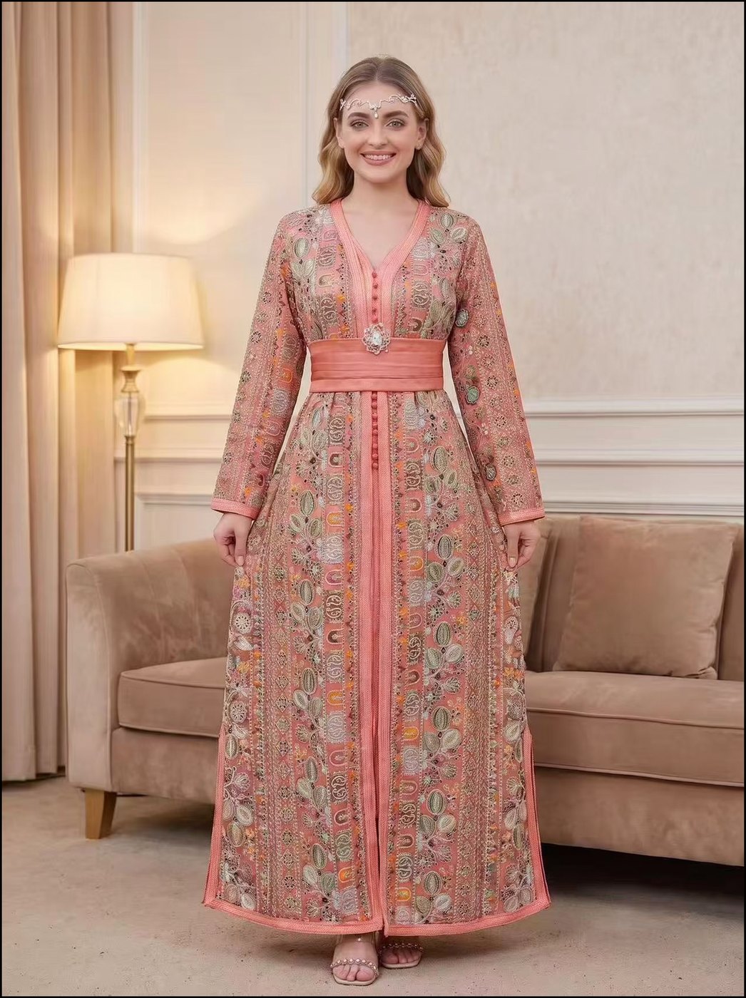 Coral Boho-Print Moroccan Kaftan