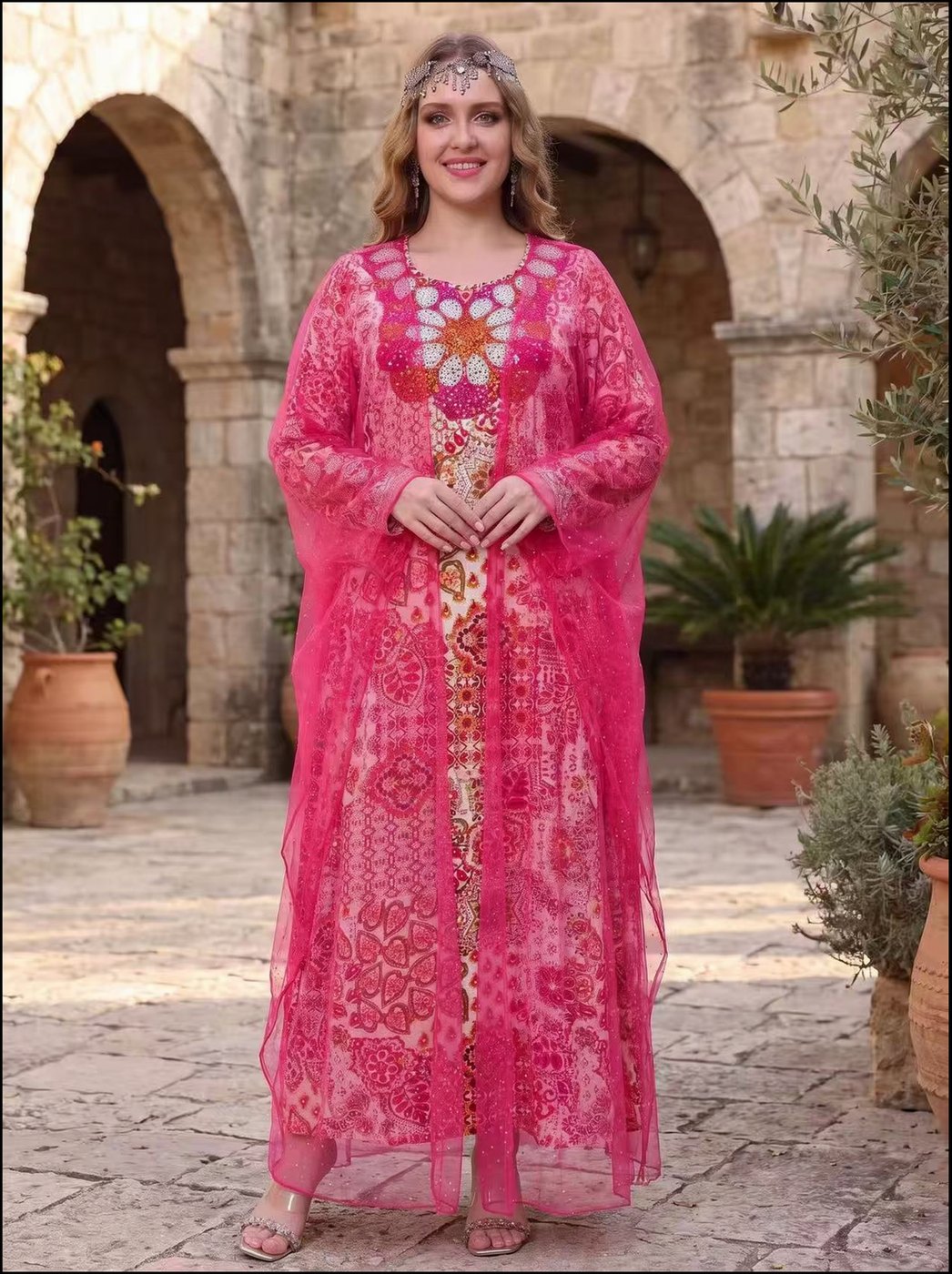 Fuchsia Sequin-Lace Beaded Kaftan