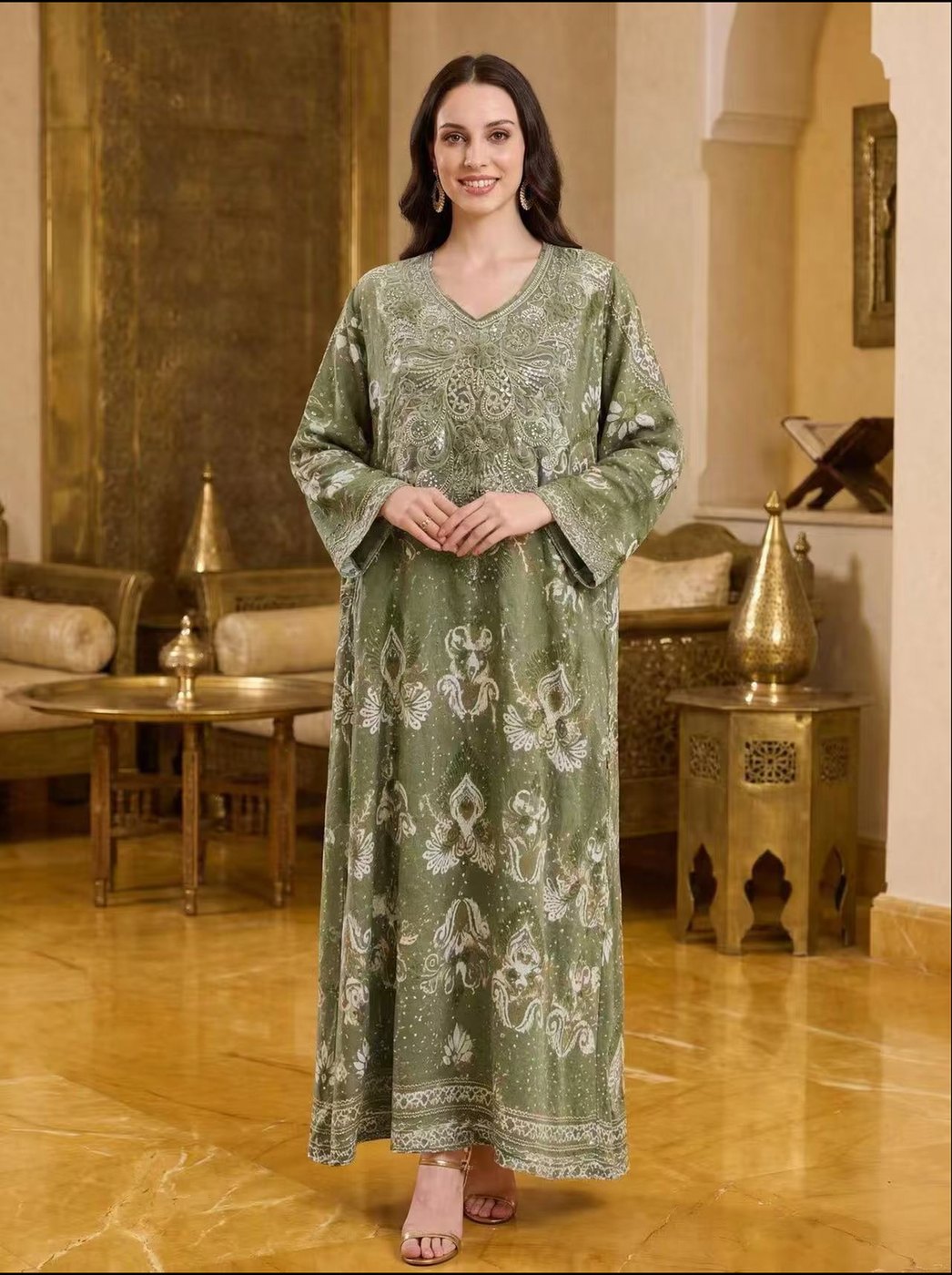 Sage Green Paisley-Embroidered Kaftan