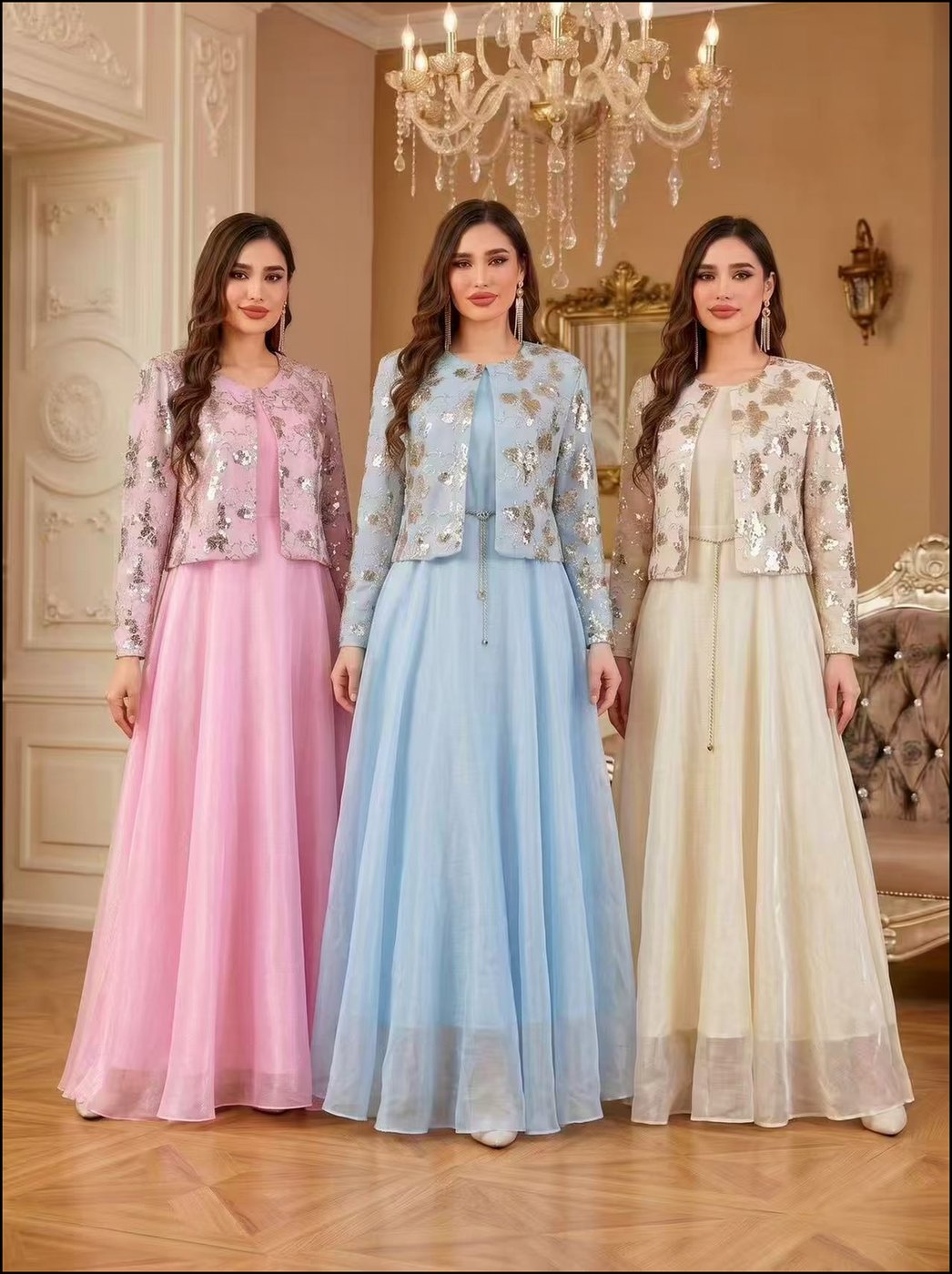Embellished Bolero & Chiffon Gown Set — 3 Colours